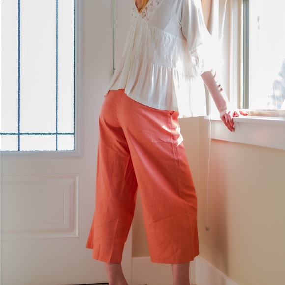 Lush Coral Pink High Waist Linen Culottes - Picture 4 of 4